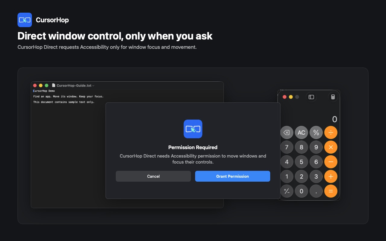 CursorHop Direct Accessibility permission guide